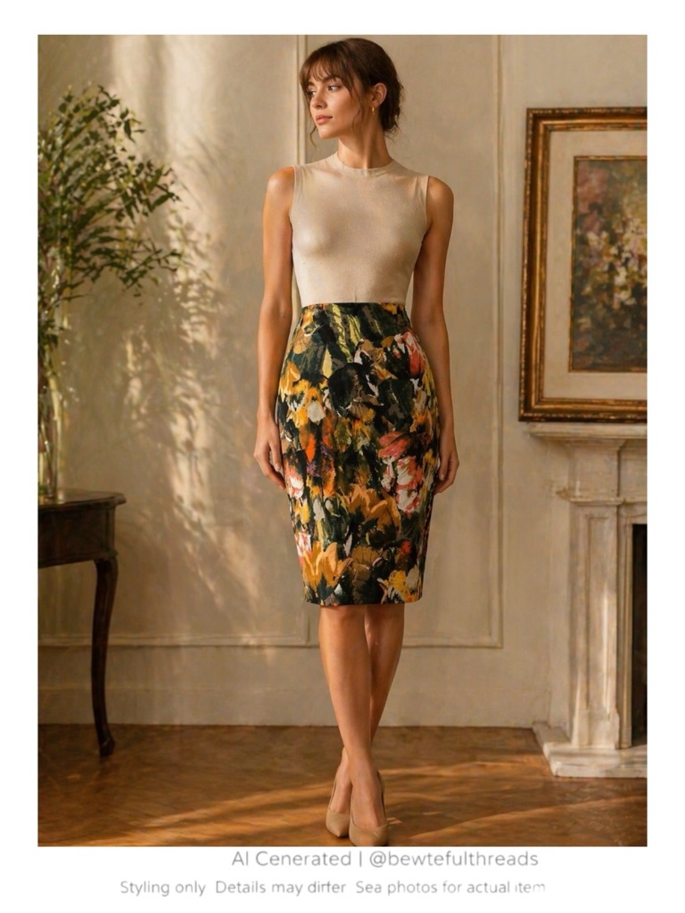 Premise Painterly Floral Linen Pencil Skirt Size 10 Artwear Parisian Chic